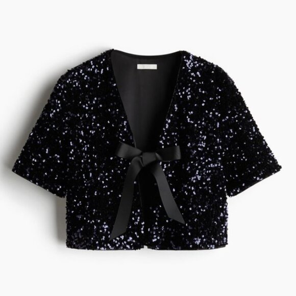 H&M Holiday LIMITED Edition Blue Sequined Blouse Shrug Sweater Top Sparkle - Picture 3 of 7